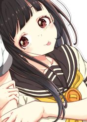 1girl 1other arm_hug black_hair blunt_bangs blush brown_eyes brown_sailor_collar brown_serafuku commentary_request highres long_hair make_heroine_ga_oo_sugiru! mono9ron neckerchief nukumizu_kaju sailor_collar school_uniform serafuku solo_focus tongue tongue_out upper_body yellow_neckerchief