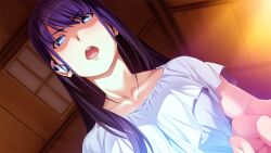 1girl :o black_hair breasts collarbone dutch_angle from_below grisaia_(series) grisaia_no_rakuen headset indoors long_hair looking_at_viewer non-web_source open_mouth purple_eyes sakaki_yumiko screen_light shirt short_sleeves sidelocks solo teeth upper_teeth_only watanabe_akio white_shirt