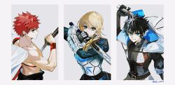 1girl 2boys artoria_pendragon_(fate) black_hair blonde_hair cape charlemagne_(fate) emiya_shirou excalibur_(fate/stay_night) fate/grand_order fate_(series) highres holding holding_sword holding_weapon katana multiple_boys red_hair saber_(fate) senji_muramasa_(fate) ss_un17 sword weapon