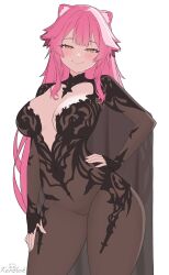 1girl absurdres alternate_costume animal_ear_fluff animal_ears black_cape black_dress blush breasts cape chronopattern_dress cleavage closed_mouth commentary contrapposto cowboy_shot double-parted_bangs dress eyelashes eyeshadow fingernails hair_intakes half-closed_eyes hand_on_own_hip highres hololive hololive_english kershok large_breasts long_hair looking_at_viewer makeup meme_attire multicolored_hair panther_ears panther_girl pink_eyeshadow pink_hair raora_panthera signature simple_background smile smirk solo streaked_hair thick_thighs thighs twitter_username virtual_youtuber white_background white_hair yellow_eyes