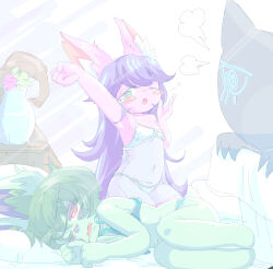 Rule 34 | 2girls, aqua bra, aqua panties, arm above head, arm up, babydoll, bags under eyes, bra, colored skin, cowboy shot, dot nose, fang, female focus, fetal position, full body, green eyes, green hair, green skin, hand up, kayo!! (gotoran), league of legends, living shadow, long hair, looking at viewer, lulu (league of legends), lying, multiple girls, on side, one eye closed, open mouth, panties, purple hair, purple skin, red eyes, seiza, short hair, shortstack, sitting, underwear, underwear only, vex (league of legends), vex shadow (league of legends), white babydoll, yawning, yordle