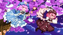 &gt;_&lt; 2girls absurdres animal_ears bird_ears bird_wings blue_hat blue_kimono brown_dress cherry_blossoms commentary dress drooling english_commentary esculd fork full_body ghost hat highres holding holding_fork japanese_clothes kimono mob_cap multiple_girls mystia_lorelei night open_mouth outdoors pixel_art saigyouji_yuyuko star_(sky) tearing_up touhou tree triangular_headpiece winged_hat wings