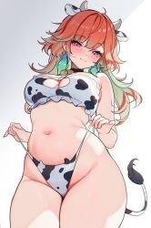 1girl :3 absurdres alternate_costume animal_ears animal_print bell bikini black_collar breasts cleavage_cutout closed_mouth clothing_cutout collar colored_inner_hair cow_ears cow_horns cow_print cow_print_bikini cow_tail cowbell cowboy_shot earrings feather_earrings feathers frilled_bikini frills gradient_hair green_feathers green_hair grey_background groin heart_cutout highres hololive hololive_english horns jewelry koahri large_breasts long_hair looking_at_viewer messy_hair multicolored_hair navel orange_hair print_bikini purple_eyes simple_background solo strap_lift strapless strapless_bikini swimsuit tail takanashi_kiara virtual_youtuber white_bikini