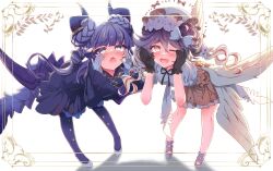 2girls absurdres angel angel_and_devil angel_wings angello_vaalmonica black_dress black_gloves black_hair black_pantyhose blush braid crow_amiheart demon_girl demon_horns demon_wings dimonno_vaalmonica dress duel_monster feathered_wings gloves grey_eyes hands_on_own_face hat highres horns leaning_forward long_hair long_sleeves looking_at_viewer multicolored_hair multiple_girls multiple_wings one_eye_closed open_mouth orange_eyes pantyhose red_hair shoes short_sleeves simple_background smile twin_braids very_long_hair wavy_hair white_background white_dress white_gloves white_hair white_shoes wide_sleeves wings yu-gi-oh!