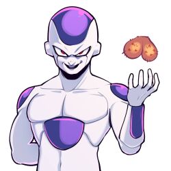 Rule 34 | 1boy, arm behind back, ball busting, bdsm, butter sugoi, cbt, commentary, disembodied testicles, dragon ball, dragonball z, evil smile, final form frieza, frieza, male focus, red eyes, smile, solo, testicles, upper body