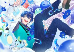 Rule 34 | 1boy, absurdres, aqua eyes, aqua sweater vest, balloon, blue flower, blue hair, blue necktie, blue pants, bouquet, brown shoes, character balloon, coat, confetti, flower, flower request, gagake v, grey shirt, hair between eyes, highres, holding, holding bouquet, leos vincent, leos vincent (1st costume), male focus, mameneko (leos vincent), necktie, nijisanji, open clothes, open coat, pants, shirt, shoes, short hair, smile, solo, teeth, tie clip, virtual youtuber, white coat