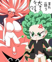 2girls :3 :t black_dress breast_envy breasts closed_mouth colored_sclera commentary_request cowboy_shot curly_hair dress green_eyes green_hair highres huge_breasts lets0020 long_hair multiple_girls one-punch_man panties pink_sclera psychos_(one-punch_man) red_sclera tatsumaki translation_request underwear v-shaped_eyebrows white_eyes white_panties