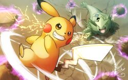 brown_eyes claws commentary_request crack cracked_floor electricity fangs gen_1_pokemon gen_2_pokemon grin kaichi_(tomiyu25) nintendo no_humans open_mouth pikachu pokemon pokemon_(creature) pokemon_battle signature smile teeth tyranitar