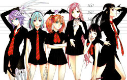 Rule 34 | 00s, 6+girls, akashiya moka, angry, bat (animal), belt, black eyes, black hair, blue hair, blush, bow, breasts, candy, choker, claws, cleavage, cross, crossed arms, dress, everyone, female focus, food, green eyes, green hair, hair bow, hair ribbon, hairband, hand on own hip, heart, height chart, highres, hip focus, ikeda akihisa, kurono kurumu, light purple hair, lineup, lollipop, long hair, long sleeves, medium breasts, mouth hold, multiple girls, nazo koumori, necktie, no bra, no pants, official art, one eye closed, open mouth, orange hair, pink hair, purple eyes, purple hair, red hair, ribbon, rosario+vampire, sendou yukari, shirayuki mizore, short hair, short twintails, shuzen kokoa, skirt, sleeveless, smile, striped, thighs, toujou ruby, twintails, vampire, very long hair, wand, wink, yellow eyes