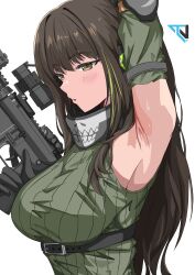 1girl absurdres arm_up armpits artist_logo assault_rifle black_gloves breasts brown_eyes brown_hair commentary english_commentary girls&#039;_frontline gloves green_hair green_sweater gun highres holding holding_gun holding_weapon kuro_ten7 large_breasts logo long_hair m4_carbine m4a1_(girls&#039;_frontline) multicolored_hair parted_lips ribbed_sweater rifle scope simple_background sleeveless sleeveless_sweater solo streaked_hair sweater two-tone_hair upper_body weapon white_background