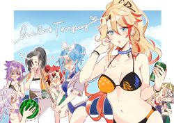 6+girls axel_syrios banzoin_hakka beach bikini black_gloves black_hair blonde_hair blue_eyes blue_hair blue_sky border breasts can cloud coll_(erichankun) collar commentary earrings english_commentary english_text food fruit gavis_bettel genderswap genderswap_(mtf) gloves grey_hair hair_between_eyes high_ponytail holding holding_can holding_food holding_fruit holding_watermelon holostars holostars_english holotempus jewelry josuiji_shinri long_hair looking_at_viewer machina_x_flayon magni_dezmond male_focus medium_breasts midriff multicolored_hair multiple_boys multiple_girls navel noir_vesper open_mouth outside_border pink_hair ponytail purple_hair red_hair regis_altare short_hair sky sweat swimsuit two-tone_hair umbrella upper_body virtual_youtuber watermelon white_border