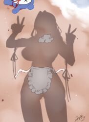 1girl absurdres apron beach blood commentary double_v dressed_shadow_(meme) english_commentary female_pov frilled_apron frills highres hololive hololive_english implied_nudity koizumi_arata kronie_(ouro_kronii) meme nosebleed ouro_kronii pov sand shadow solo unworn_clothes v virtual_youtuber