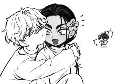 1girl 2boys :d alien_stage anemone_(flower) cheek-to-cheek child collar flower hair_between_eyes hair_flower hair_ornament heads_together hug hug_from_side hyuna_(alien_stage) hyunwoo_(alien_stage) long_hair long_sleeves looking_at_another low_ponytail lubya luka_(alien_stage) monochrome multiple_boys one_eye_closed open_mouth pants ponytail shirt short_hair simple_background smile thick_eyebrows white_background
