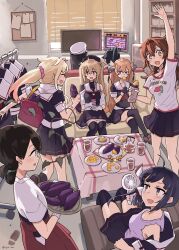 alternate_hairstyle black_serafuku black_thighhighs cosplay couch food fujinami_(kancolle) fujinami_(sweet_potato)_(kancolle) handheld_electric_fan highres houshou_(kancolle) indoors johnston_(kancolle) kantai_collection kasuga_maru_(kancolle) murasame_(kancolle) murasame_kai_ni_(kancolle) official_alternate_costume plant ponytail school_uniform serafuku shiratsuyu_(kancolle) shiratsuyu_(kancolle)_(cosplay) shiratsuyu_kai_ni_(kancolle) sugue_tettou sweet_potato table thighhighs vines yuudachi_(kancolle) yuudachi_kai_ni_(kancolle)