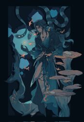 Rule 34 | 1boy, animal, blue coat, blue hair, coat, dark-skinned male, dark skin, fingernails, fins, fish, floating hair, full body, goldfish, head fins, highres, long hair, looking at viewer, male focus, merman, monster boy, original, scar, scars all over, seashell, shark boy, sharp fingernails, shell, shuini xiaomao, slit pupils, snake, solo, too many, underwater, very long hair, yellow eyes