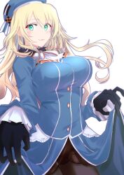 1girl absurdres atago_(kancolle) beret black_gloves black_pantyhose blonde_hair blue_eyes blue_hat blush breasts cowboy_shot gloves green_eyes hat highres kantai_collection large_breasts long_hair looking_at_viewer military military_uniform pantyhose simple_background smile solo tsukasa_(tukasa_br) white_background