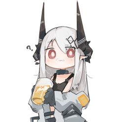 1girl ? arknights beer_mug black_gloves black_shirt chibi commentary cup ear_piercing foam_mustache gloves grey_jacket holding holding_cup horns jacket long_hair looking_at_viewer mikozin mudrock_(arknights) mudrock_(elite_ii)_(arknights) mug off_shoulder piercing pointy_ears red_eyes shirt simple_background sleeveless sleeveless_shirt solo symbol-only_commentary upper_body white_background white_hair