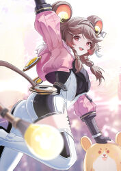 1girl :d absurdres arm_up ass black_gloves black_shirt bodysuit boots braid breasts brown_eyes brown_hair commentary_request fingerless_gloves from_behind fur-trimmed_jacket fur_trim gloves highres jacket light_bulb low_twin_braids lumi_(wuthering_waves) mechanical_tail open_clothes open_jacket open_mouth pink_jacket shirt short_hair single_leg_bodysuit single_thigh_boot small_breasts smile solo tacet_mark_(wuthering_waves) tail teeth thick_eyebrows thigh_boots thighs twin_braids upper_teeth_only white_bodysuit white_boots wuthering_waves wuzhihuijia