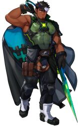 bara belt biceps black_gloves black_hair bodysuit bracelet bulge cape covered_abs dark-skinned_male dark_skin full_body gloves holding holding_sword holding_weapon jewelry knee_pads large_pectorals lilac_(live_a_hero) live_a_hero multicolored_hair nipples official_art pectorals purple_hair scar scar_across_eyebrow scar_on_face see-through_clothes sleeveless sleeveless_bodysuit sword tarutoru transparent_background two-tone_hair weapon