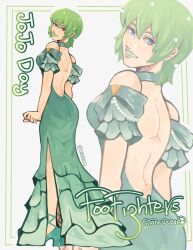 1girl alternate_costume backless_dress backless_outfit bare_back beads blue_eyes breasts character_name commentary dress english_commentary foo_fighters_(jojo) full_body green_dress green_hair green_lips green_shoes high_heels highres jojo_no_kimyou_na_bouken looking_at_viewer looking_back medium_breasts medium_hair nitillee shoes smile solo stone_ocean zoom_layer