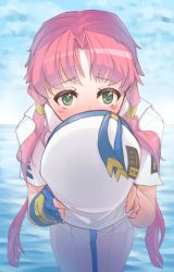 00s 1girl aria_(manga) behind_hat blouse blush drawfag embarrassed female_focus fingerless_gloves gloves green_eyes hair_tubes hat holding holding_unworn_clothes holding_unworn_hat long_hair mizunashi_akari non-web_source orz_(orz57) pink_hair shirt short_hair_with_long_locks single_glove solo twintails unworn_hat unworn_headwear white_shirt