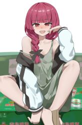 1girl absurdres black_ribbon blush bocchi_the_rock! braid breasts dddm dress eyebrows_hidden_by_hair geta green_dress hair_ribbon highres hiroi_kikuri jacket knees_up looking_at_viewer medium_hair open_mouth purple-haired_oekaki_girl_(touhou) red_eyes ribbon sharp_teeth simple_background sitting small_breasts smile solo strap_slip teeth white_background white_jacket