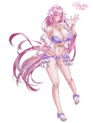 Rule 34 | 1girl, alternate breast size, artist name, bad id, bad pixiv id, bare shoulders, bikini, breasts, cleavage, commission, diamond-shaped pupils, diamond (shape), elysia (herrscher of human: ego) (honkai impact), elysia (honkai impact), elysia (summer 2023) (honkai impact), full body, hair ornament, heart, heart necklace, highres, honkai (series), honkai impact 3rd, huge breasts, jewelry, long hair, looking at viewer, navel, necklace, official alternate costume, parted lips, pink hair, purple bikini, purple eyes, sandals, simple background, smile, solo, standing, standing on one leg, stomach, swimsuit, symbol-shaped pupils, tisole dead, toes, very long hair, white background