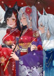 3girls absurdres ahoge animal_ear_fluff animal_ears black_hair blue_hakama blue_kimono blush braid floral_print flower fox_ears fox_girl gradient_clothes gradient_kimono hair_between_eyes hair_flower hair_ornament hakama hakama_skirt haori hatsumoude highres hololive horns japanese_clothes kanzashi kaze_22 kimono long_hair multicolored_hair multiple_girls nakiri_ayame nakiri_ayame_(new_year) new_year obi official_alternate_costume oni ookami_mio ookami_mio_(new_year) print_kimono red_hair red_kimono sash shirakami_fubuki shirakami_fubuki_(new_year) sidelocks single_braid skin-covered_horns skirt smile streaked_hair virtual_youtuber white_hair white_kimono wolf_ears wolf_girl yellow_eyes