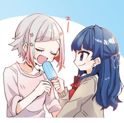 2girls blue_eyes blue_hair blue_ribbon brown_dress closed_eyes colored_inner_hair commentary_request diagonal_bangs dollchestra dress feeding food grey_hair hair_intakes hair_ornament hair_ribbon half_updo hasu_no_sora_school_uniform highres holding holding_food holding_popsicle kanduki_kamibukuro link!_like!_love_live! long_hair long_sleeves looking_at_another love_live! mole mole_on_neck multicolored_hair multiple_girls murano_sayaka neckerchief open_mouth pink_shirt popsicle profile red_hair red_neckerchief red_ribbon ribbon sailor_collar sailor_dress school_uniform shirt short_hair smile star_(symbol) star_hair_ornament streaked_hair three-quarter_sleeves u_u virtual_youtuber white_sailor_collar winter_uniform yugiri_tsuzuri
