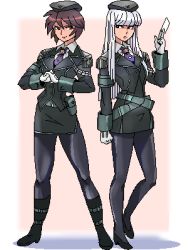 brown_hair gloves long_hair lowres military military_uniform pantyhose punpun short_hair white_hair