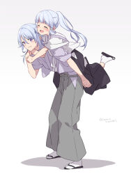 1boy 1girl aged_down ayaka_(genshin_impact) black_hakama black_sandals blue_hair blunt_bangs blunt_tresses brother_and_sister closed_eyes full_body genshin_impact glomp gradient_background grey_background grey_hakama hair_between_eyes hakama hakama_pants high_ponytail highres hug hug_from_behind japanese_clothes jumping kamisato_ayato kimono light_blush long_hair looking_at_another medium_hair open_mouth pants ponytail purple_eyes purple_kimono sandals siblings simple_background smile socks soranomonooki standing tabi tasuki teeth twitter_username upper_teeth_only white_background white_kimono white_socks zouri