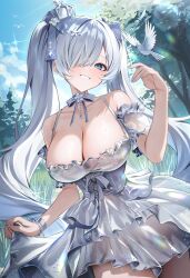 1girl absurdres bird blue_eyes blue_sky breasts cinderella_(glass_princess)_(nikke) cinderella_(nikke) cleavage collarbone crown dress frilled_dress frills goddess_of_victory:_nikke grass grey_hair grin hair_ornament highres large_breasts mini_crown nail_polish outdoors parted_lips short_dress shuvi_(shuvi1125) sky smile solo star_(symbol) star_hair_ornament tree twintails white_dress