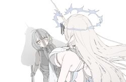 2girls absurdres black_dress blonde_hair blush breasts closed_mouth commentary crown_of_thorns dress earrings female_rover_(wuthering_waves) fleurdelys_(wuthering_waves) floating_earrings hair_ribbon height_difference highres holding holding_sword holding_weapon horns huge_breasts jewelry large_breasts long_hair long_horns looking_up multiple_girls muted_color ohkurrva penis_shadow pointy_ears ribbon rover_(wuthering_waves) shadow single_horn sword tall_female very_long_hair weapon wuthering_waves yellow_horns yellow_ribbon