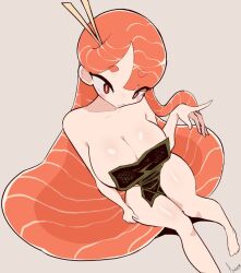 Rule 34 | 1girl, akisas99, blunt bangs, blush, breasts, chopsticks, curtains, dutch angle, eyelashes, fish (food), from above, groin, hair ornament, hair over one eye, hand on own hip, highres, impossible clothes, large breasts, long hair, orange eyes, orange hair, original, parted bangs, pointing, salmon, sashimi (akisas99), shiny skin, signature, simple background, sitting, thick eyebrows, very long hair