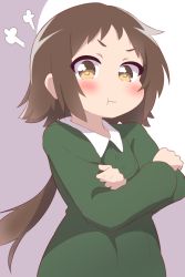 Rule 34 | 1girl, :t, bad id, bad twitter id, blush, brown eyes, brown hair, collared dress, commentary request, crossed arms, dress, green dress, hatafuta, long hair, long sleeves, looking at viewer, low ponytail, mikakunin de shinkoukei, mitsumine mashiro, ponytail, pout, puff of air, purple background, solo, two-tone background, very long hair, white background