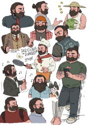 1boy 1girl alternate_costume apron arm_hair backpack bag beanie beard biker_clothes black_hair blush bow bowtie buttons cellphone character_name chef_hat collared_shirt conductor_baton contemporary copyright_name denim_vest dog_tags double-breasted dungeon_meshi dwarf eyebrow_piercing facial_hair food formal_clothes fruit frying_pan full_body glasses gloves hair_bun hat highres izutsumi jewelry long_hair musical_note mustache necktie newspaper nose_piercing phone piercing portrait reading ring senshi_(dungeon_meshi) shirt shuangshuang_hao smartphone solo solo_focus straw_hat suit t-shirt tank_top tattoo tuxedo upper_body waist_apron watch watermelon white_background wristwatch