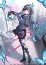 1girl arms_behind_back black_choker black_hair black_pantyhose black_sailor_collar black_serafuku black_shirt black_skirt blue_bow blue_butterfly bow bug butterfly chest_bow choker collarbone commentary copyright_name floating_hair from_side fushi_tantei:_reidou_momiji hair_intakes hallway holding_own_arm indoors insect long_hair looking_at_viewer miwano_rag no_shoes official_art pantyhose pleated_skirt red_eyes red_ribbon reidou_momiji ribbon sailor_collar school_uniform second-party_source serafuku shirt short_sleeves skirt smile solo standing torn_clothes torn_pantyhose