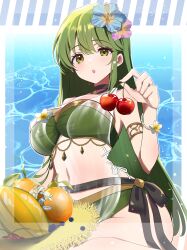 1girl absurdres armlet azusa_(azchemist63) bare_shoulders bikini black_choker breasts cherry choker cleavage criss-cross_halter fire_emblem fire_emblem_echoes:_shadows_of_valentia fire_emblem_heroes flower food fruit green_bikini green_eyes green_hair hair_flower hair_ornament halterneck highres holding holding_food holding_fruit jewelry large_breasts long_hair mango navel nintendo official_alternate_costume palla_(fire_emblem) palla_(summer)_(fire_emblem) sarong see-through_clothes see-through_sarong solo stomach swimsuit water