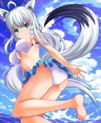Rule 34 | 1girl, absurdres, ahoge, animal ear fluff, animal ears, barefoot, bikini, bikini skirt, blush, braid, cloud, cloudy sky, commentary request, dutch angle, enamon (user mkew2222), feet, fox ears, fox girl, fox tail, green eyes, hair between eyes, highres, hololive, long hair, looking at viewer, navel, ocean, shirakami fubuki, sidelocks, single braid, sky, smile, soles, solo, swimsuit, tail, virtual youtuber, white bikini, white hair