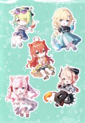 5girls absurdres aizawa_ema animal_ears aqua_hair blonde_hair blue_eyes bow ceres_fauna chibi chibi_only closed_mouth cone_hair_bun cup double_bun earrings eyewear_on_head glass green_hair hair_bow hair_bun hair_over_one_eye highres holding holding_cup hololive hololive_english jewelry kokuyou_lira kurokiri_aria light_brown_hair long_hair mole mole_under_eye multiple_girls nijisanji open_mouth pink_hair red_hair sandals scan shirt shishido_akari short_hair short_sleeves skirt smile splivyou sunglasses toosaka_asagi vee_(vtuber) virtual_youtuber vspo! white_bow yellow_eyes
