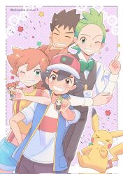 1girl 3boys ash_ketchum asymmetrical_hair brock_(pokemon) cilan_(pokemon) cowboy_shot denim denim_shorts gen_1_pokemon gen_5_pokemon gym_leader hair_tie hat highres ichi_(pikapikapocket) legs misty_(pokemon) multiple_boys nintendo one_eye_closed orange_hair pikachu pokemon pokemon_(anime) pokemon_journeys pokemon_swsh139 ponytail red_hair shirt short_hair short_shorts shorts side_ponytail suspenders wink