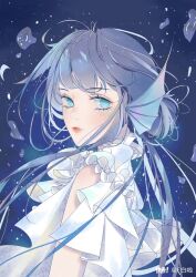 1girl air_bubble artist_name bare_arms bare_shoulders blue_background blue_eyes blue_hair blue_scales bubble capelet closed_mouth collared_capelet eyelashes f_baila fins frilled_capelet frills from_behind head_fins high_collar highres light_blush light_frown light_particles lipstick long_hair long_sidelocks looking_at_viewer looking_back low_twintails makeup original red_lips sidelocks simple_background solo third-party_source twintails underwater upper_body watermark white_capelet