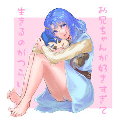 1girl barefoot blue_dress border character_doll colored_eyelashes commentary_request doll dragon_quest dragon_quest_vi dress hair_ornament hairclip hero_(dq6) highres holding holding_doll knees_to_chest looking_at_viewer medium_hair panties partial_commentary pink_background purple_eyes sitting smile solo tania_(dq6) translation_request tsukimi_(eyhyexx) underwear white_border white_panties yellow_sleeves
