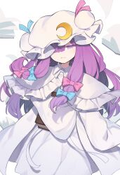 1girl blush book capelet commentary_request crescent crescent_hat_ornament dress frills garasuno hair_ribbon hat hat_ornament highres long_hair long_sleeves looking_at_viewer mob_cap one_eye_covered open_book open_mouth patchouli_knowledge purple_eyes purple_hair ribbon smile solo touhou white_background white_capelet white_dress