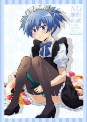 1boy ansatsu_kyoushitsu apron black_shoes black_thighhighs blue_background blue_bow blue_bowtie blue_eyes blush bow bowtie chiyu_(bokunopiko) convenient_censoring crossdressing dagger dress food high_heels highres holding holding_dagger holding_knife holding_weapon knife maid maid_apron maid_day maid_headdress male_focus puffy_short_sleeves puffy_sleeves shiota_nagisa shoes short_dress short_sleeves sitting solo sweets thighhighs trap weapon white_apron