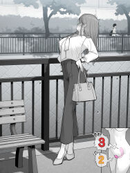 Rule 34 | 1girl, bag, blush, breasts, commentary request, highres, kakuremino7928, large breasts, large variant set, limited palette, long hair, neckerchief, object insertion, original, outdoors, pants, pussy juice, remote control vibrator, sex toy, shirt, vaginal, vaginal object insertion, variant set, vibrator, vibrator under clothes