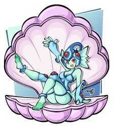 1girl absurdres bare_shoulders blue_one-piece_swimsuit blue_skin breasts cleavage colored_skin commission digimon digimon_(creature) full_body highres medium_breasts one-piece_swimsuit ranamon red_eyes rotze shell sitting solo swimsuit vgen_commission