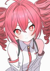 1girl alternate_color bright_pupils chamal_z collared_shirt detached_sleeves expressionless hashtag-only_commentary highres kasane_teto kasane_teto_(utau) looking_at_viewer shirt simple_background sleeveless sleeveless_shirt solo upper_body utau white_background white_pupils white_sleeves wing_collar