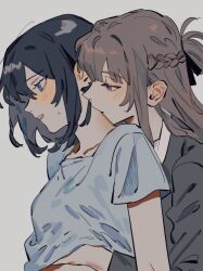 2girls absurdres akmizuk black_hair blue_eyes blush braid brown_hair clothes_lift commentary commission english_commentary grey_background grey_shirt half_up_braid hand_on_another&#039;s_shoulder hand_under_clothes hand_under_shirt highres kiss kissing_neck long_hair long_sleeves miyagi_shiori multiple_girls parted_lips purple_eyes second-party_source sendai_hazuki shirt shirt_lift short_hair short_sleeves shuuniichido_classmate_wo_kau_hanashi simple_background sweatdrop white_shirt yuri