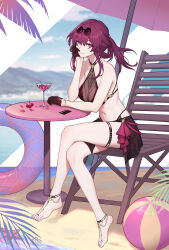 1girl absurdres alternate_costume ball bare_arms bare_legs bare_shoulders barefoot barefoot_sandals_(jewelry) beach_chair beach_umbrella beachball bikini bikini_skirt black_bikini black_gloves black_skirt breasts cherry closed_mouth collarbone commentary_request credit_card crossed_legs cup drinking_glass eyewear_on_head feet food fruit full_body glasses gloves half_gloves halterneck hand_on_own_face highres honkai:_star_rail honkai_(series) innertube jewelry kafka_(honkai:_star_rail) large_breasts legs long_hair multi-strapped_bikini_bottom nail_polish navel outdoors paid_reward_available pince-nez pink_petals ponytail purple_eyes purple_hair purple_nails round_eyewear sand see-through_cleavage see-through_clothes shore side-tie_bikini_bottom sitting skirt smile solo stomach sunglasses swim_ring swimsuit table thighlet thighs toenail_polish toenails toes umbrella variant_set yunkaiming